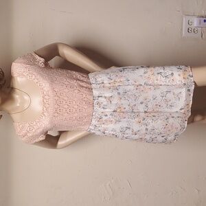 As U Wish Cream & Pink Lace Short Sleeve Feminine Coquette Dress Size Small